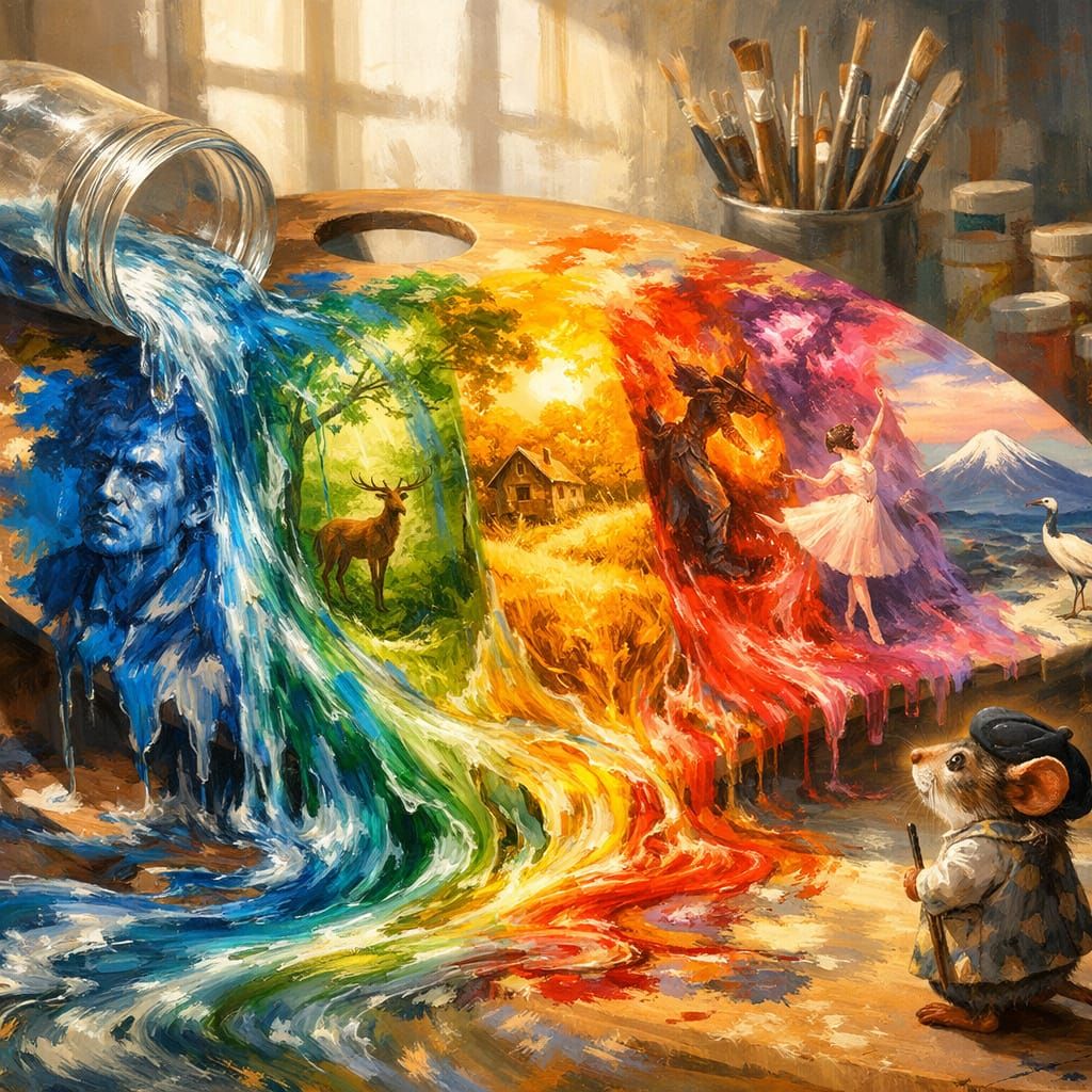 Artistic Chaos: Mouse Admires Splashed Paint Studio