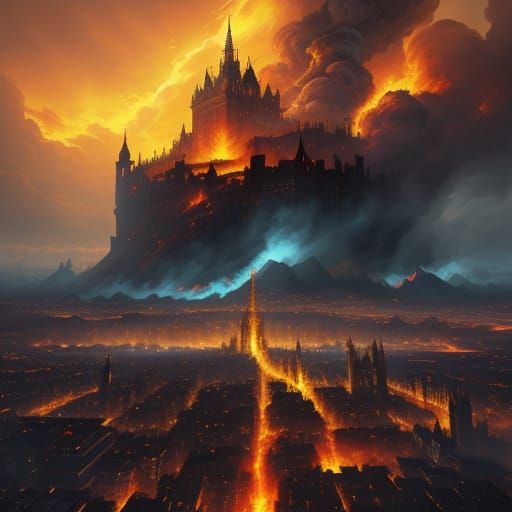 Dragon Over Burning City: A Fantasy Digital Painting