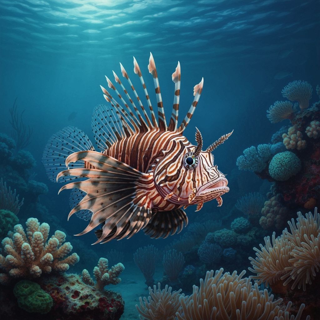Lionfish Portrait in Coral Reef, Hyperrealistic Oil Painting