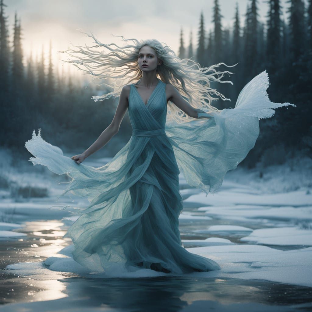 Ethereal River Nymph Dances in Winter Wonderland