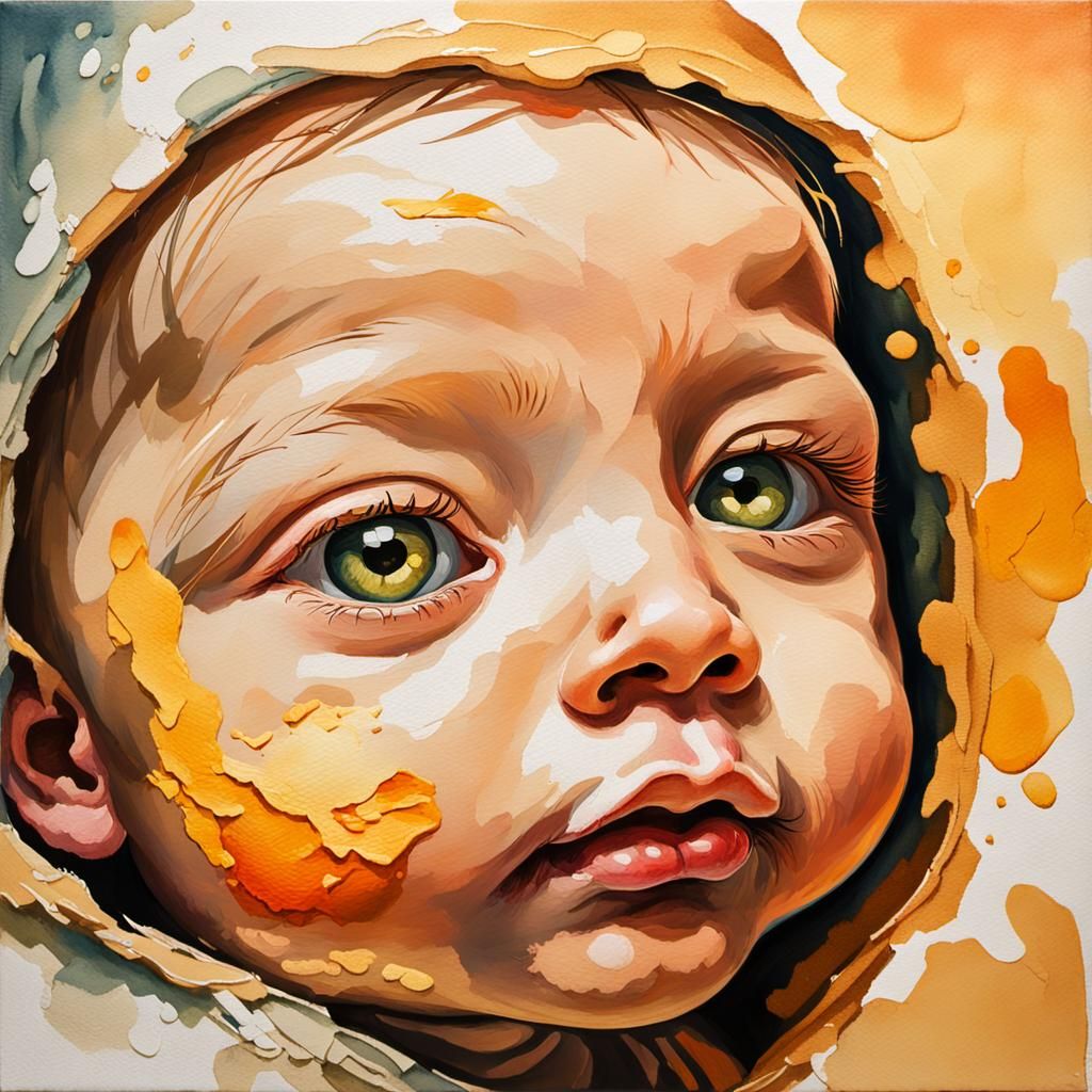 Fetus in Womb: Gouache Style Close-Up Portrait