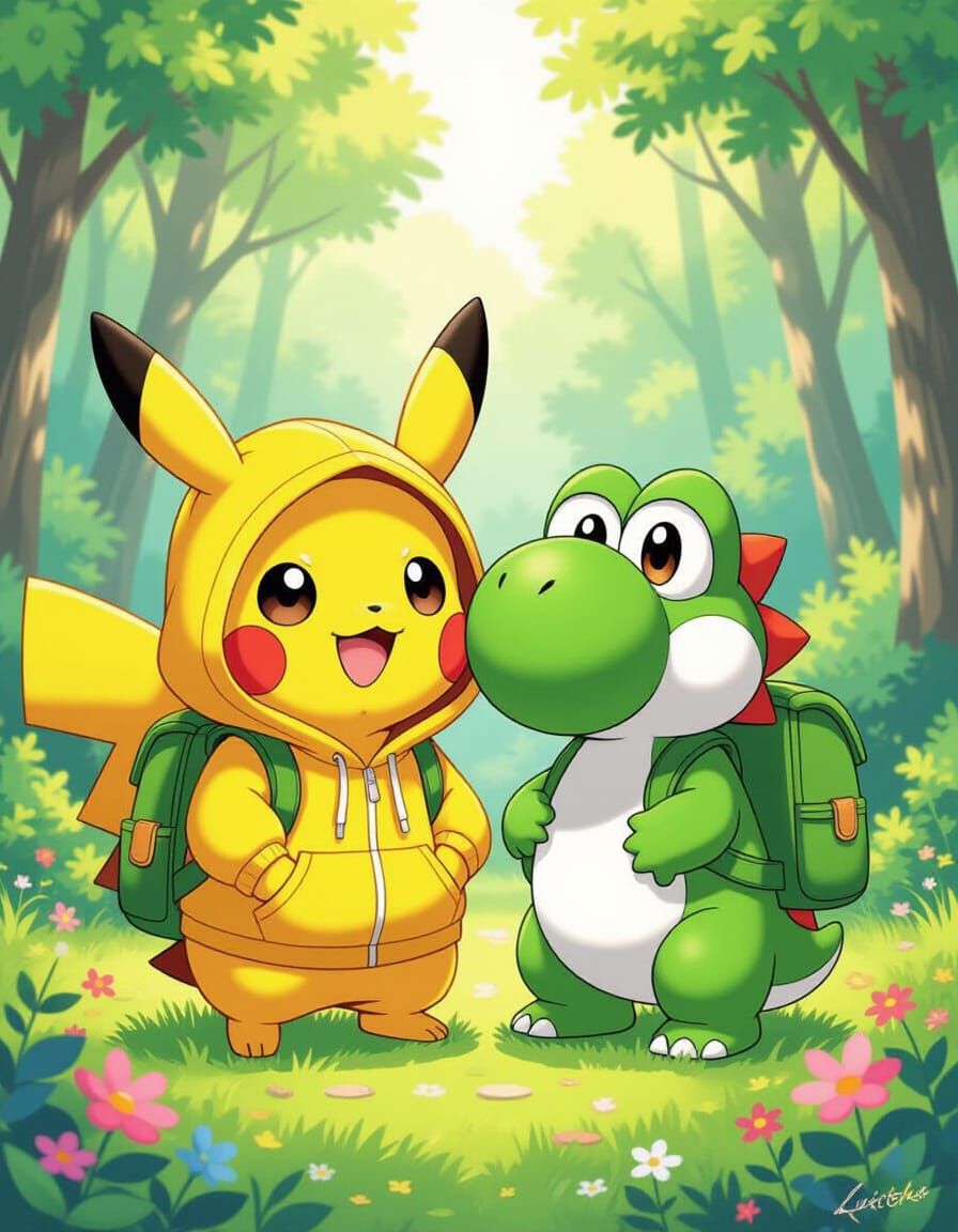 Chibi Pikachu and Yoshi in Whimsical Forest
