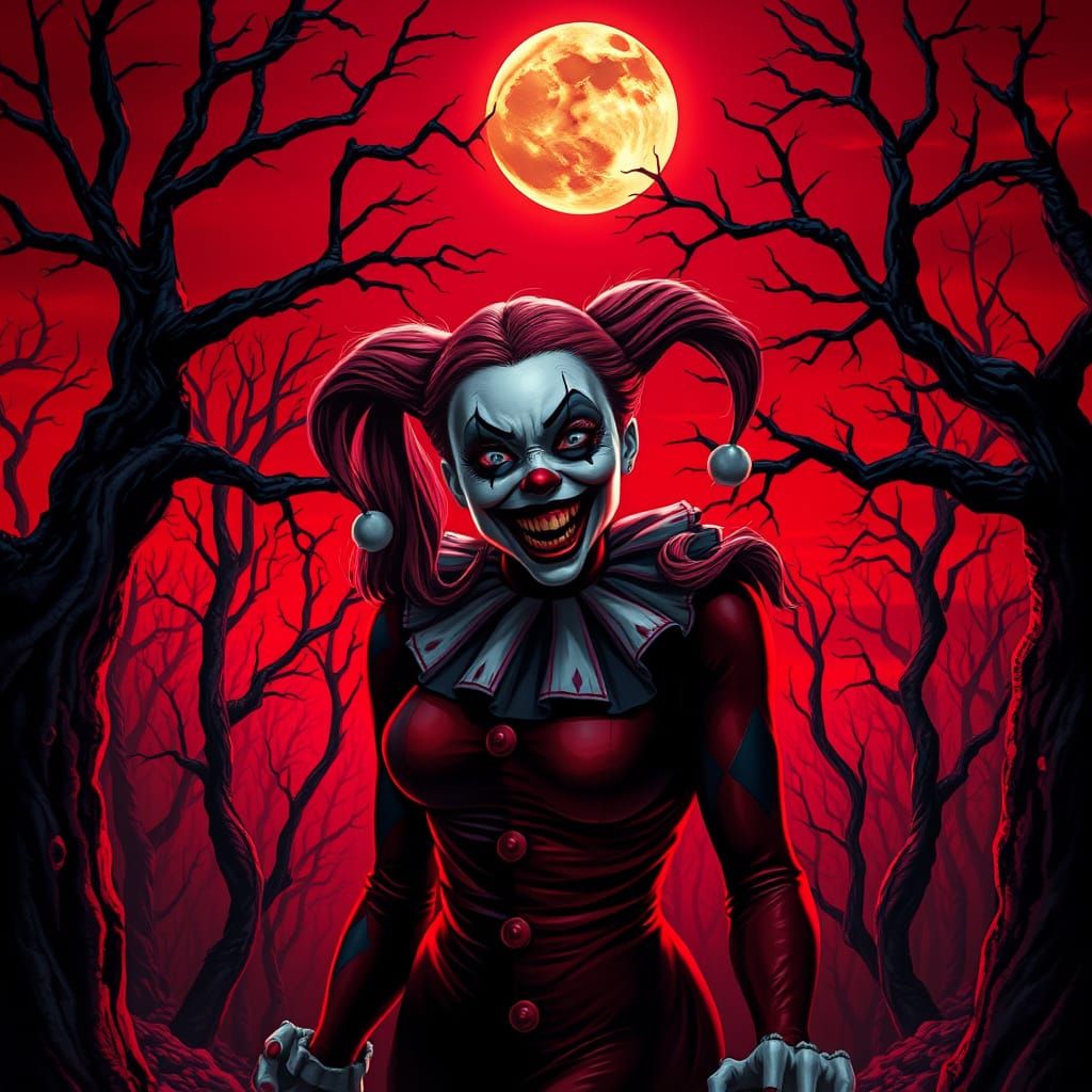Dark Forest Eerie Clown Harley Quinn in Blood Red Sky