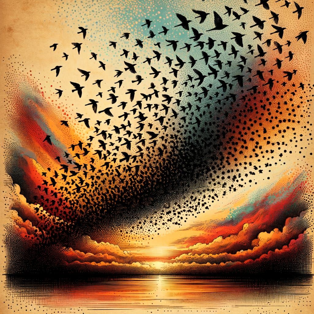 Sparrows in Flight: Vibrant Ink Drawing of Sunset Scene