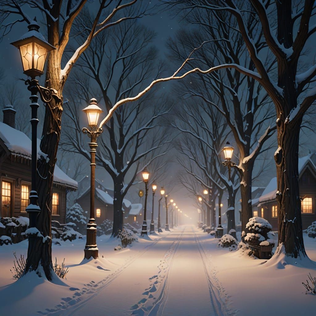 Golden Street Lamps Shine Through Snowy Winter Night