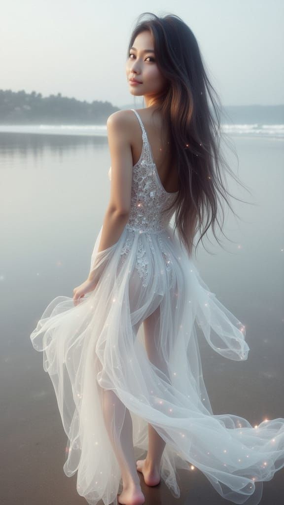 Photography of a Beautiful half asian woman, perfect visuals, wearing a white Gothic style dress. Posing barefoot on the...