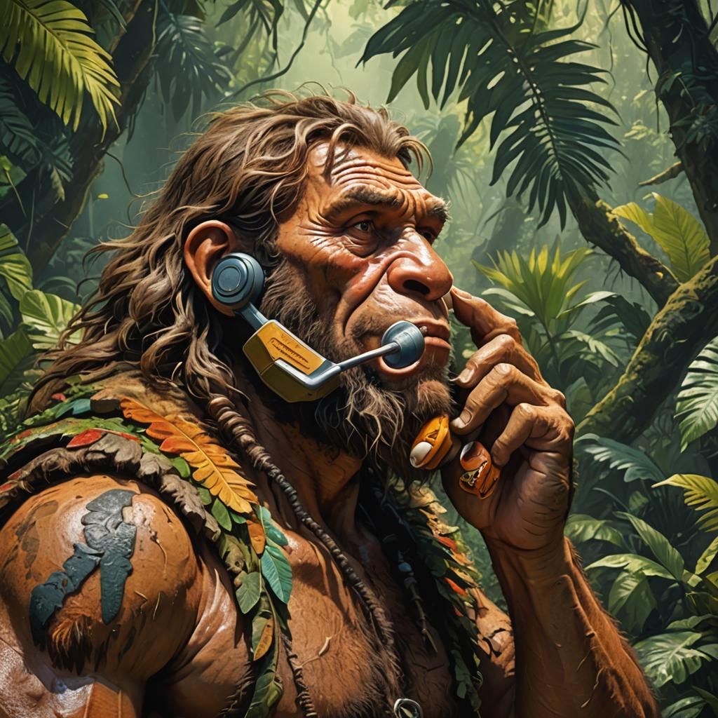 Neanderthal man talks on the phone