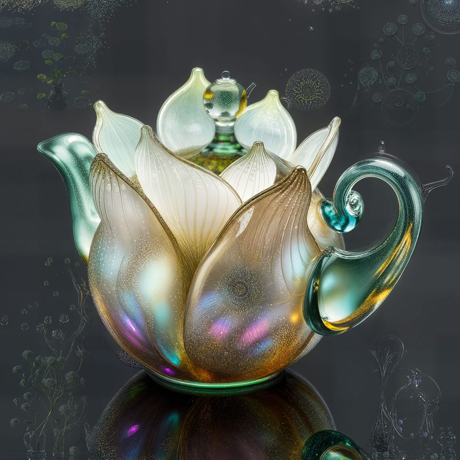 Glass Lotus Teapot with Iridescent Pearlescence