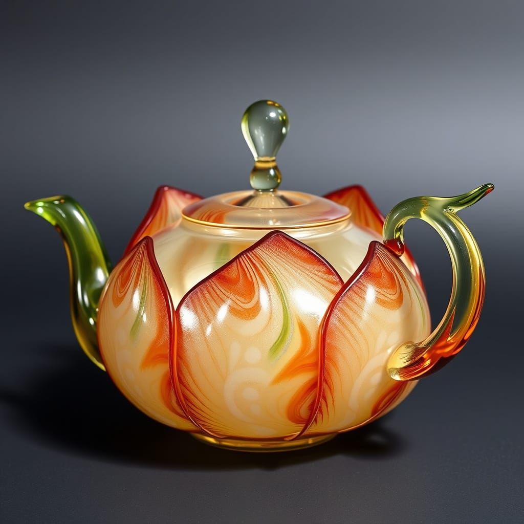 Glass Lotus Teapot with Iridescent Pearlescence in Whimsical...