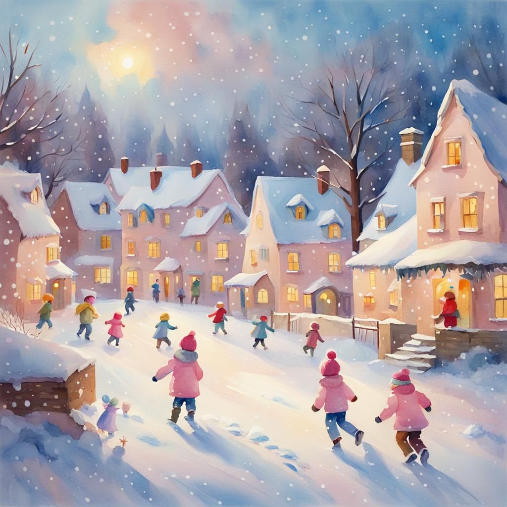 Children's Snowball Fight in Whimsical Watercolor