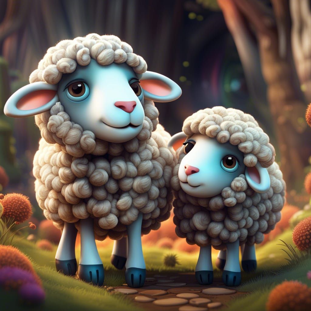 Two Cute Sheep Embrace: Digital Masterpiece