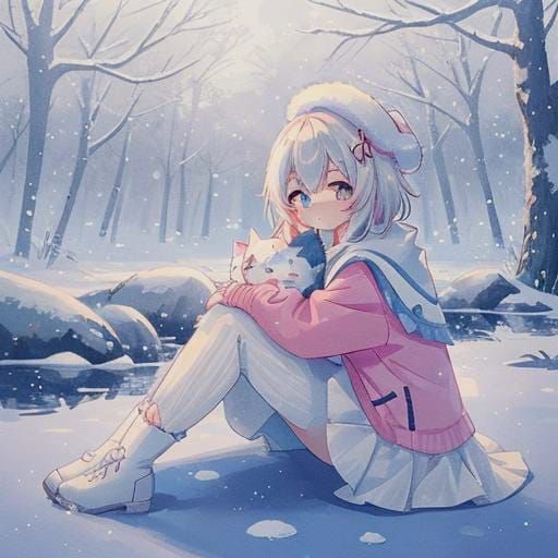 Girl with Cat in Snowy Park, 3D Anime Style