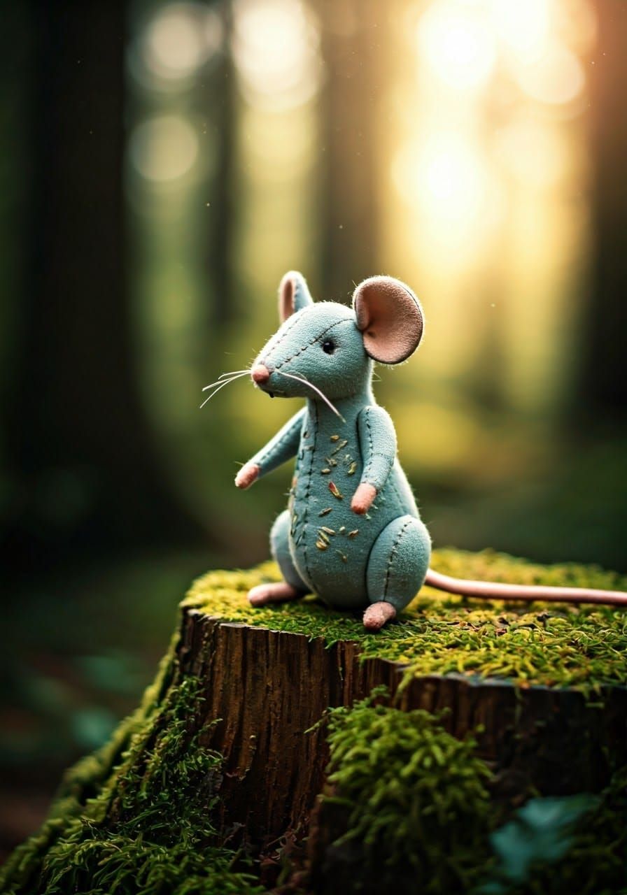 Hand-Stitched Mouse in Forest with Golden Lighting
