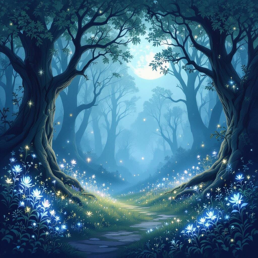Mystical Forest Clearing Under Ethereal Moonlight