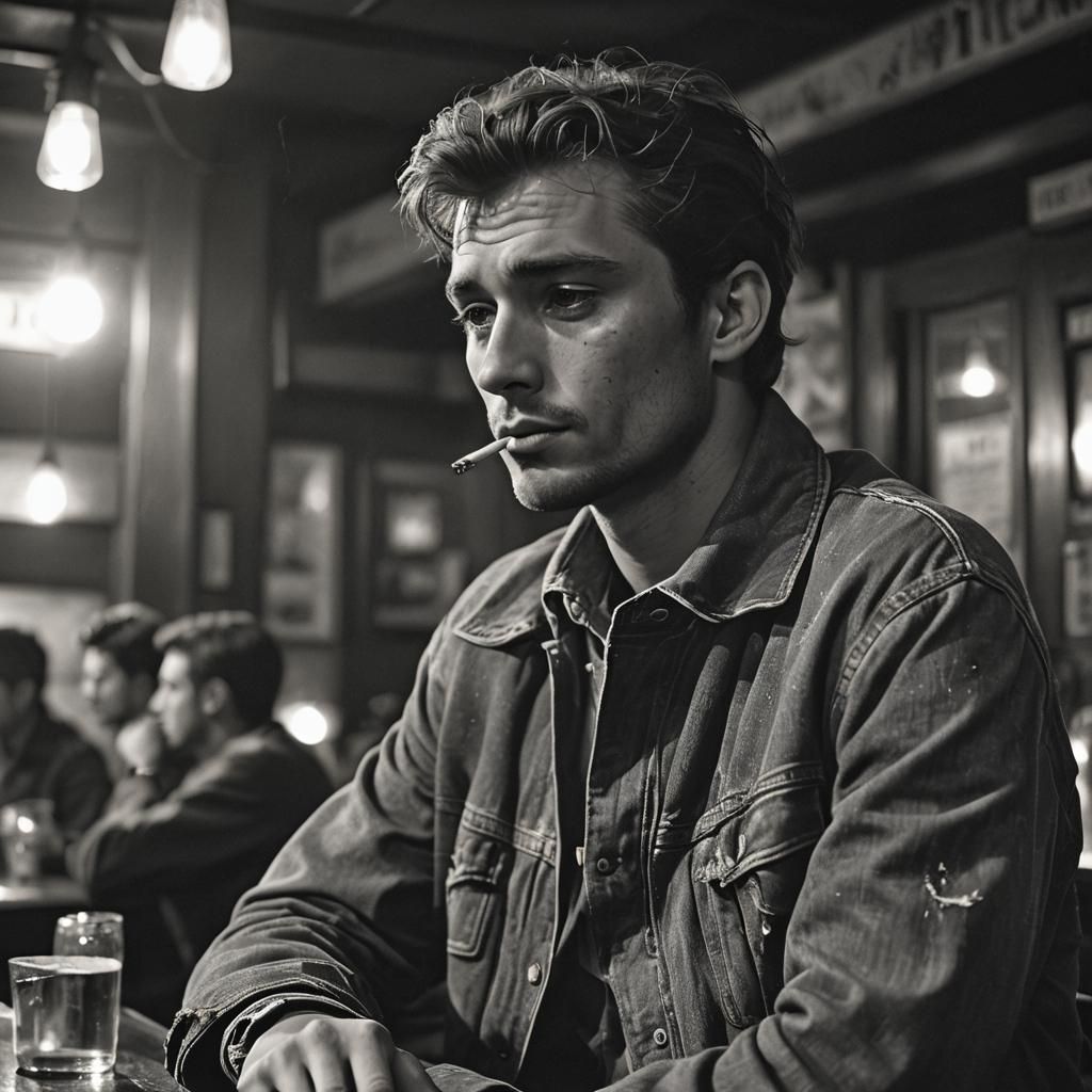 Introspective Man in Dimly Lit Film Noir Bar