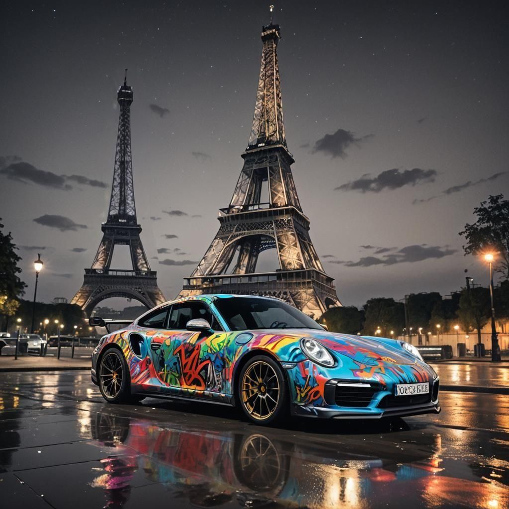 Porsche 911 Turbo and Eiffel Tower in Graffiti Art
