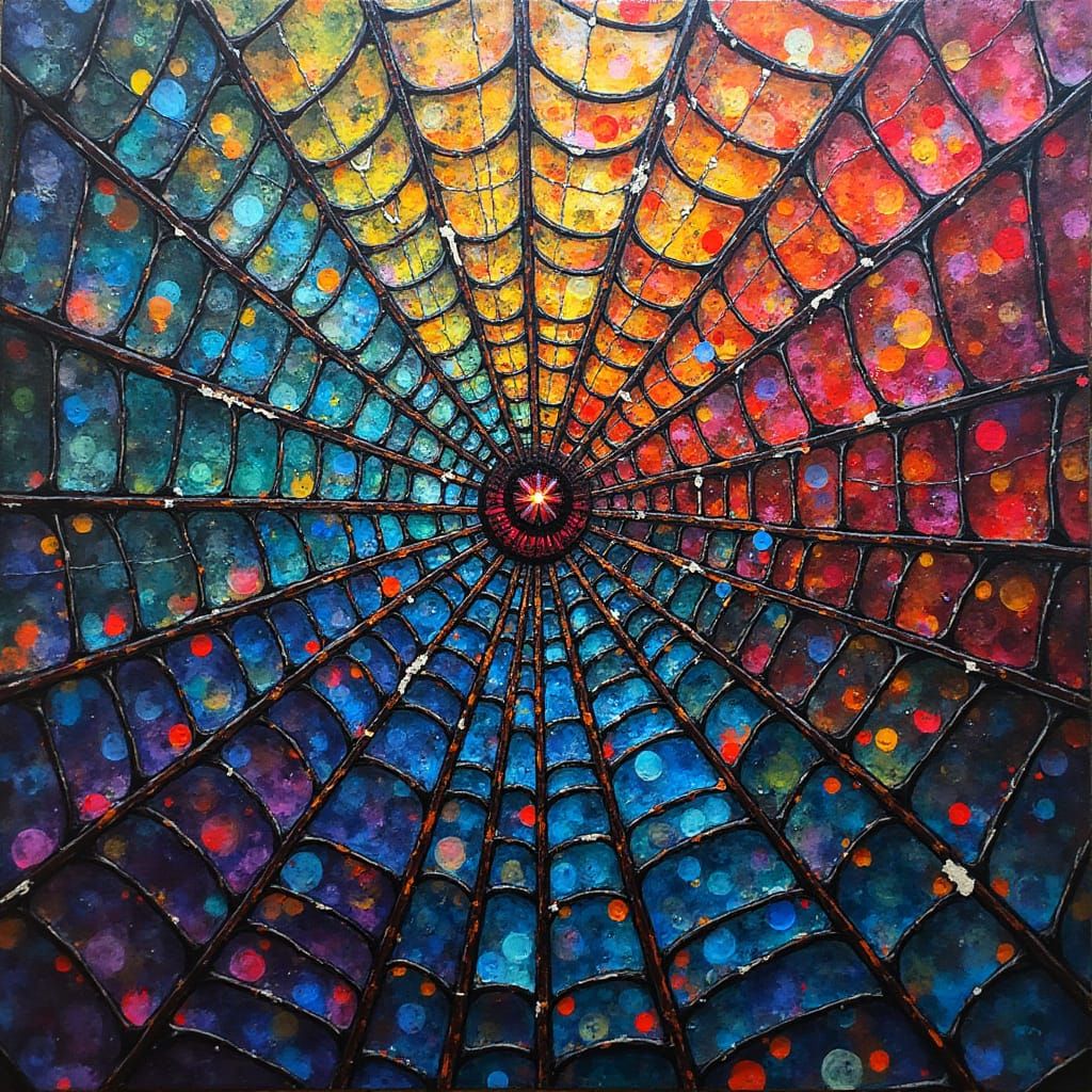 Iridescent Multicolored Spiderweb in Graffiti Art Style
