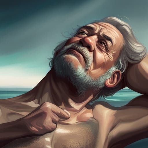 Sunbathing Old Man Portrait in Hyperdetailed Style