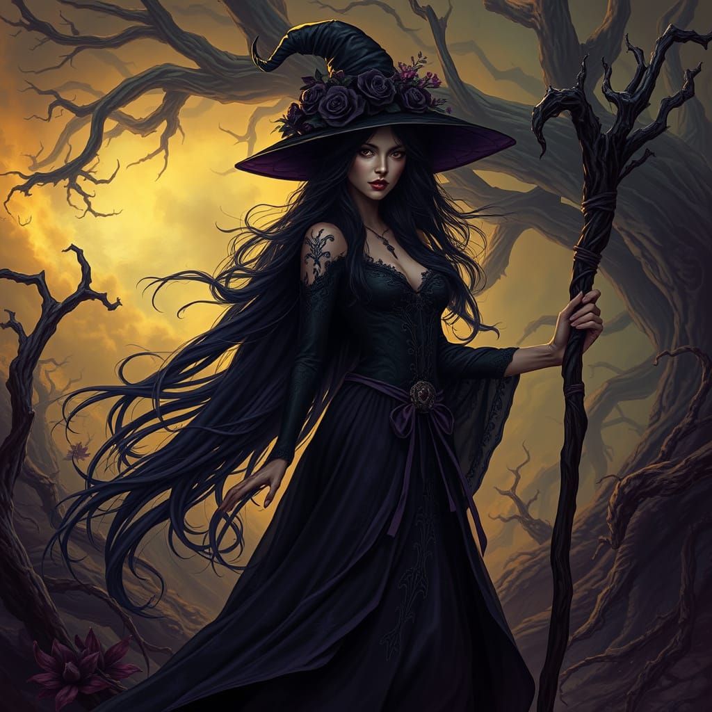 The image is a drawing of a dark druid-inspired witch, dressed in a black dress and hat adorned with black roses and oth...