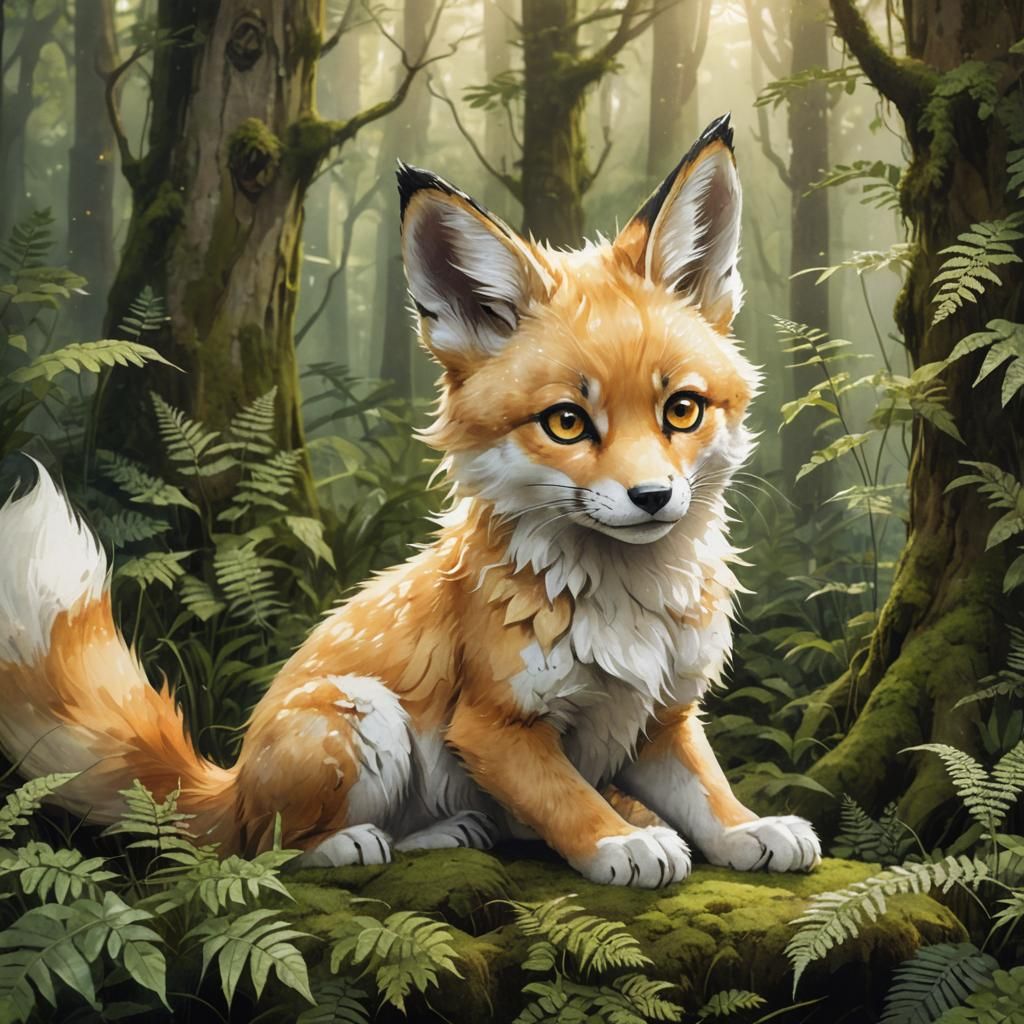 Kitsune Cub in Misty Forest: Japanese Watercolor Style