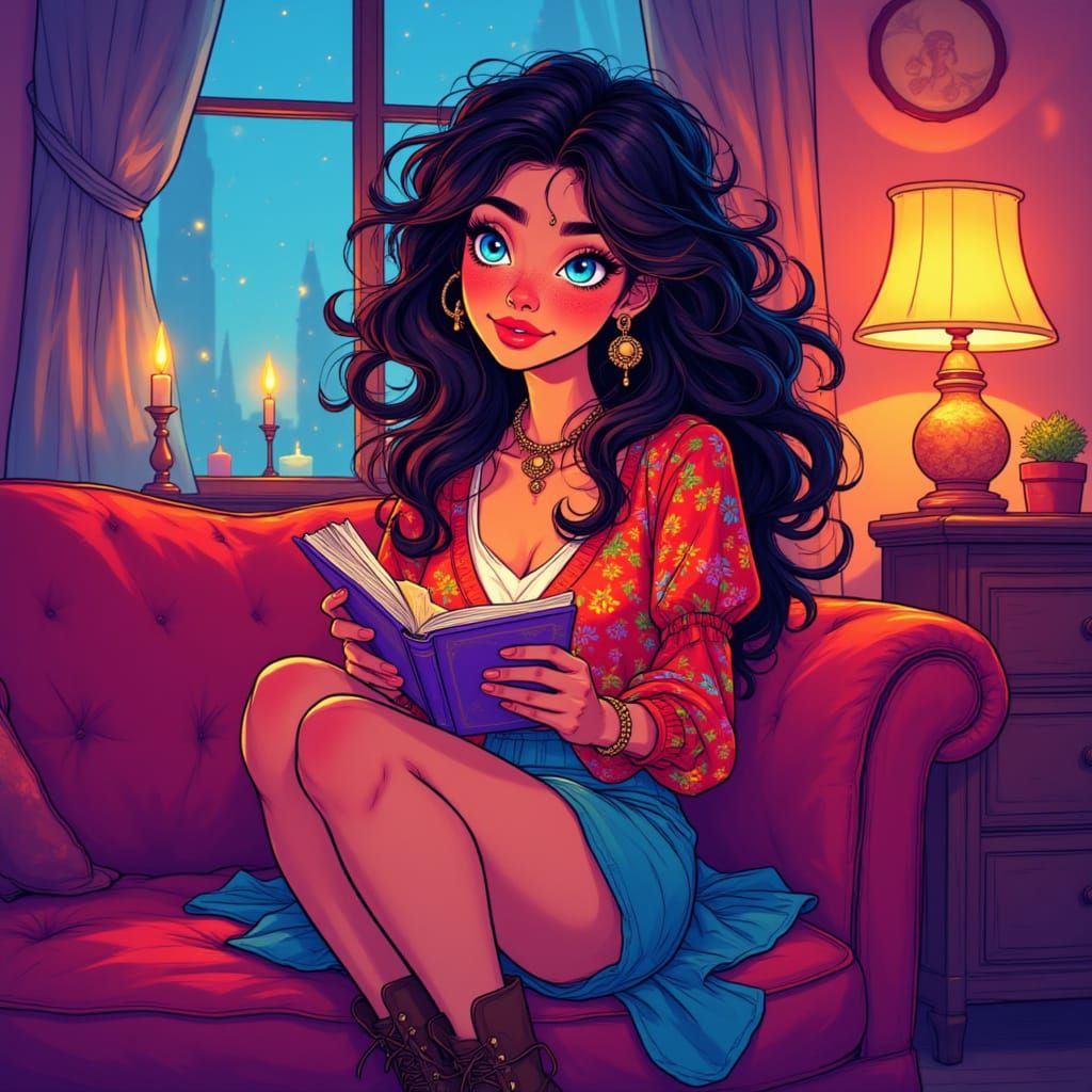 Woman Reading by Candlelight in Cartoon Style