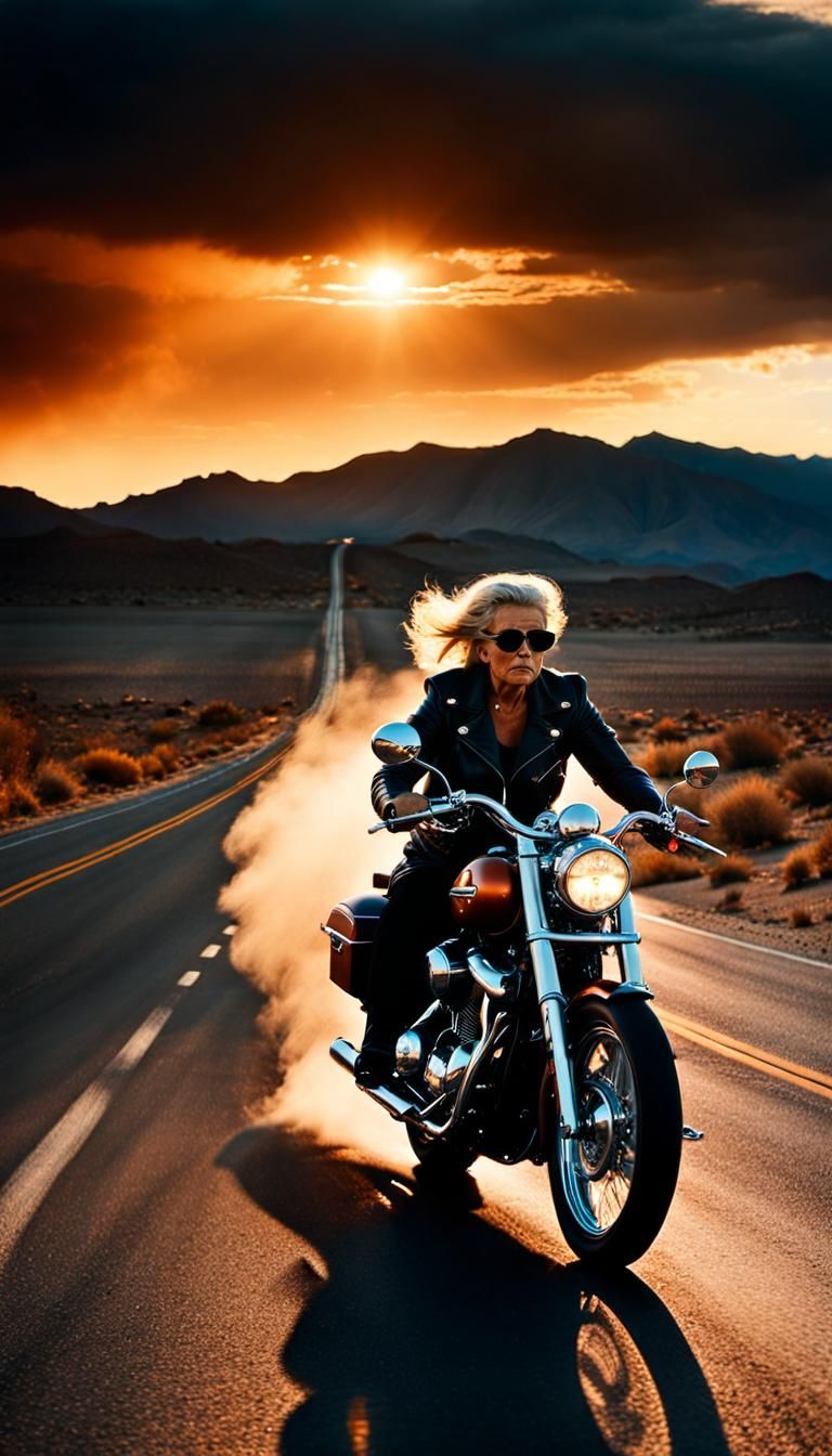 Biker on Desert Highway in Film Noir Style
