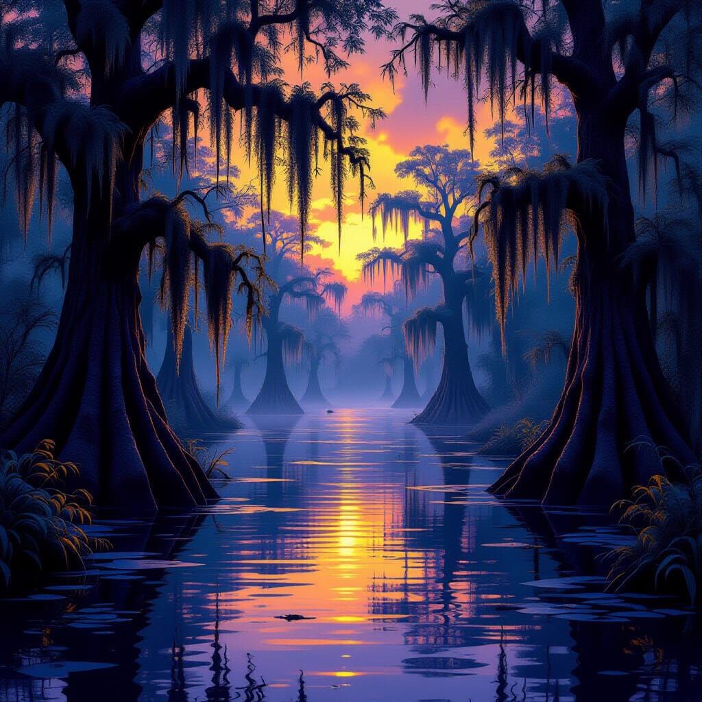Eerie Louisiana Swamp Before Sunrise in Dark Fantasy Style