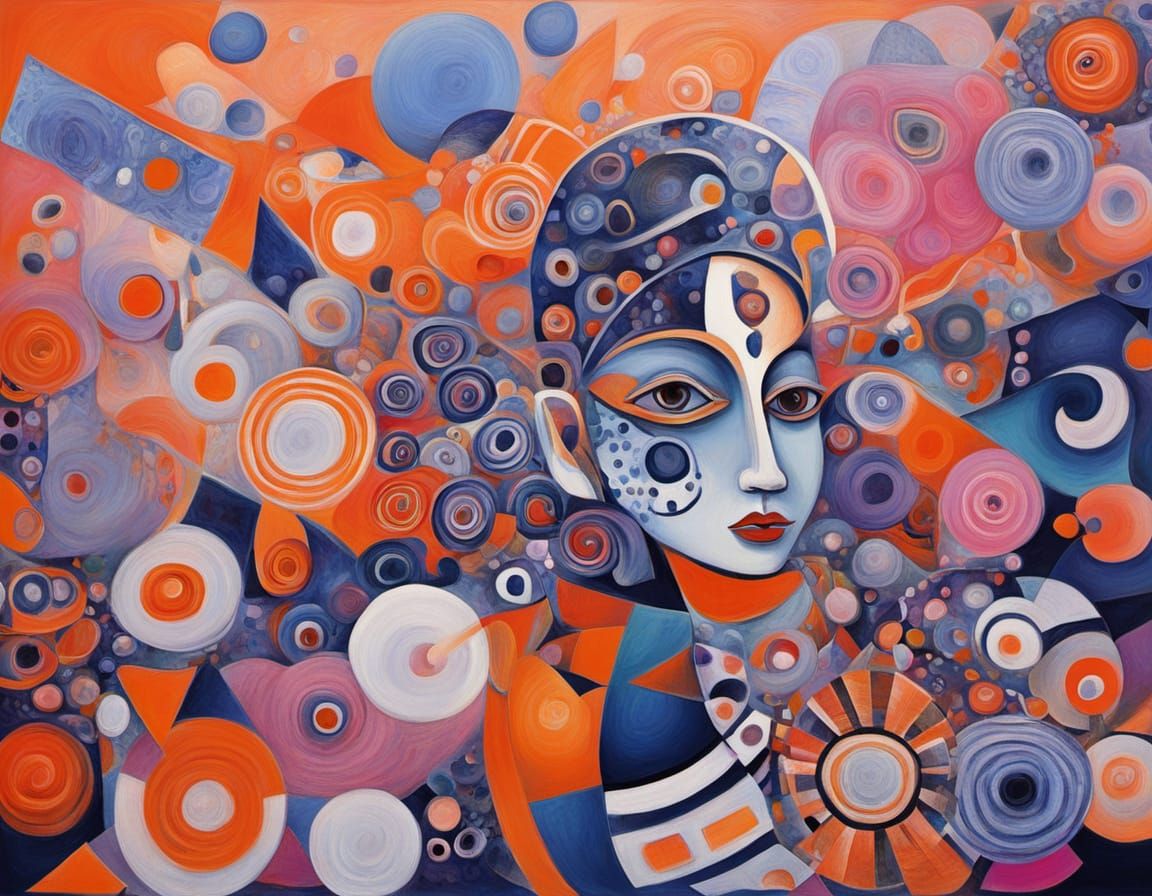 Abstract Aztec Coral Reef Painting in Cubist Style