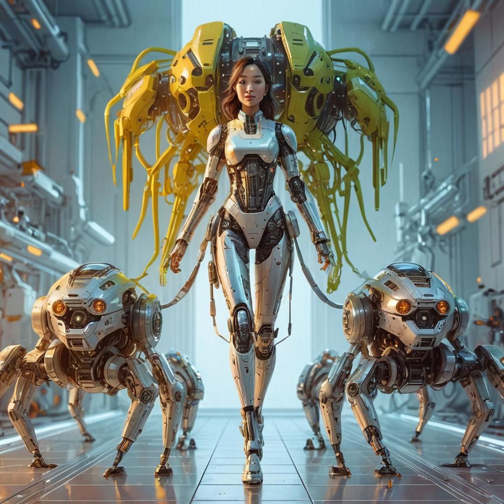 Asian Girl with Robots: Minimalist Pencil Sketch