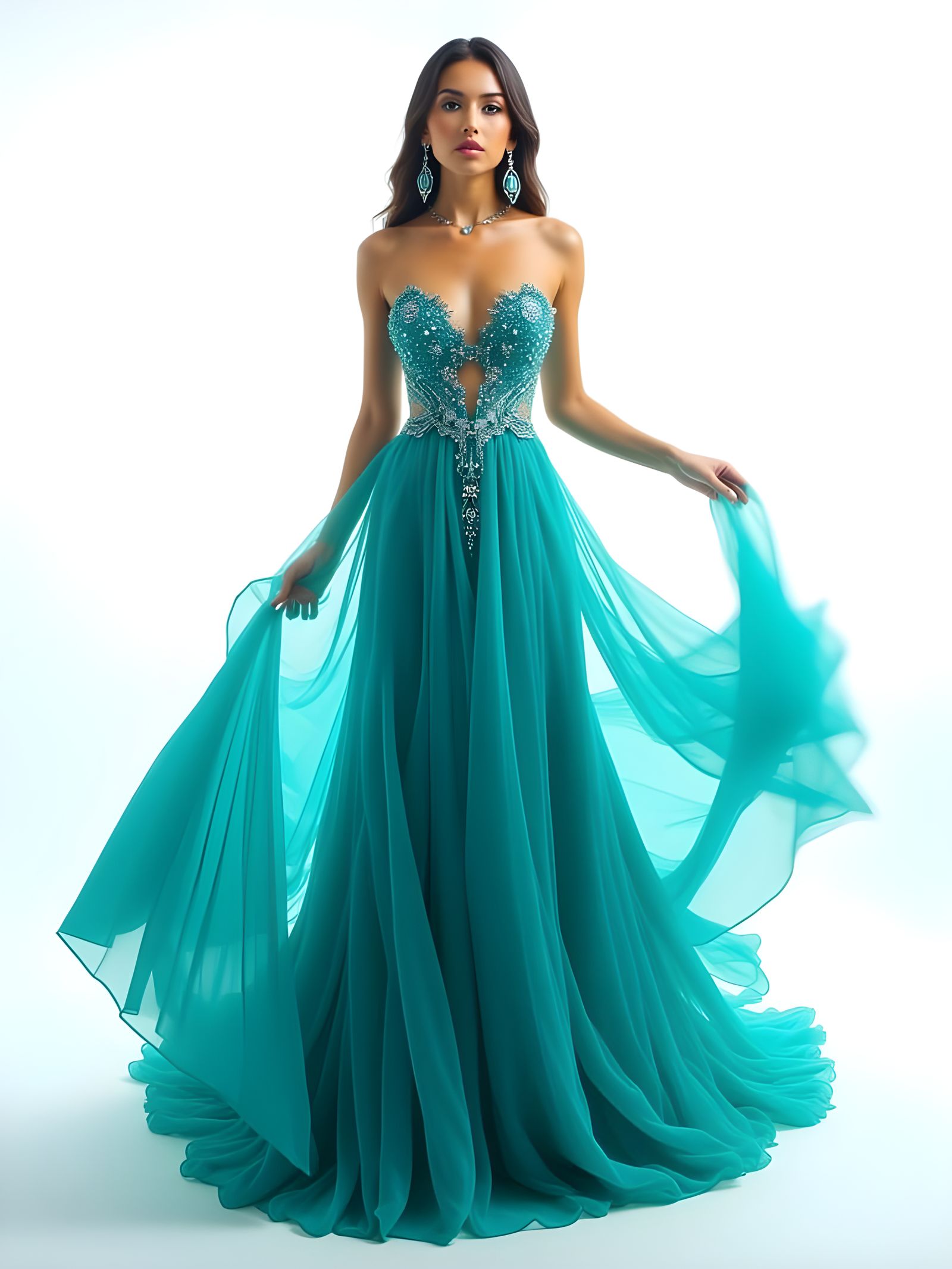 Model in Flowing Turquoise Gown: Hyperrealistic Fashion
