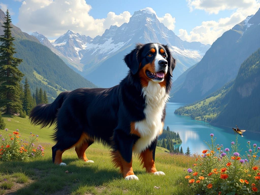 Black Tricolor Bernese Mountain dog in the Swiss Alps