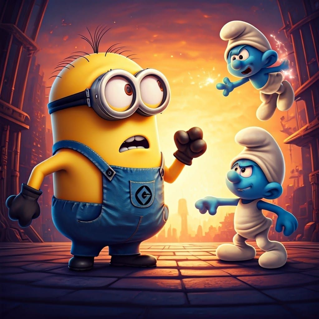 Minions vs Smurfs: A Pointillistic Battle