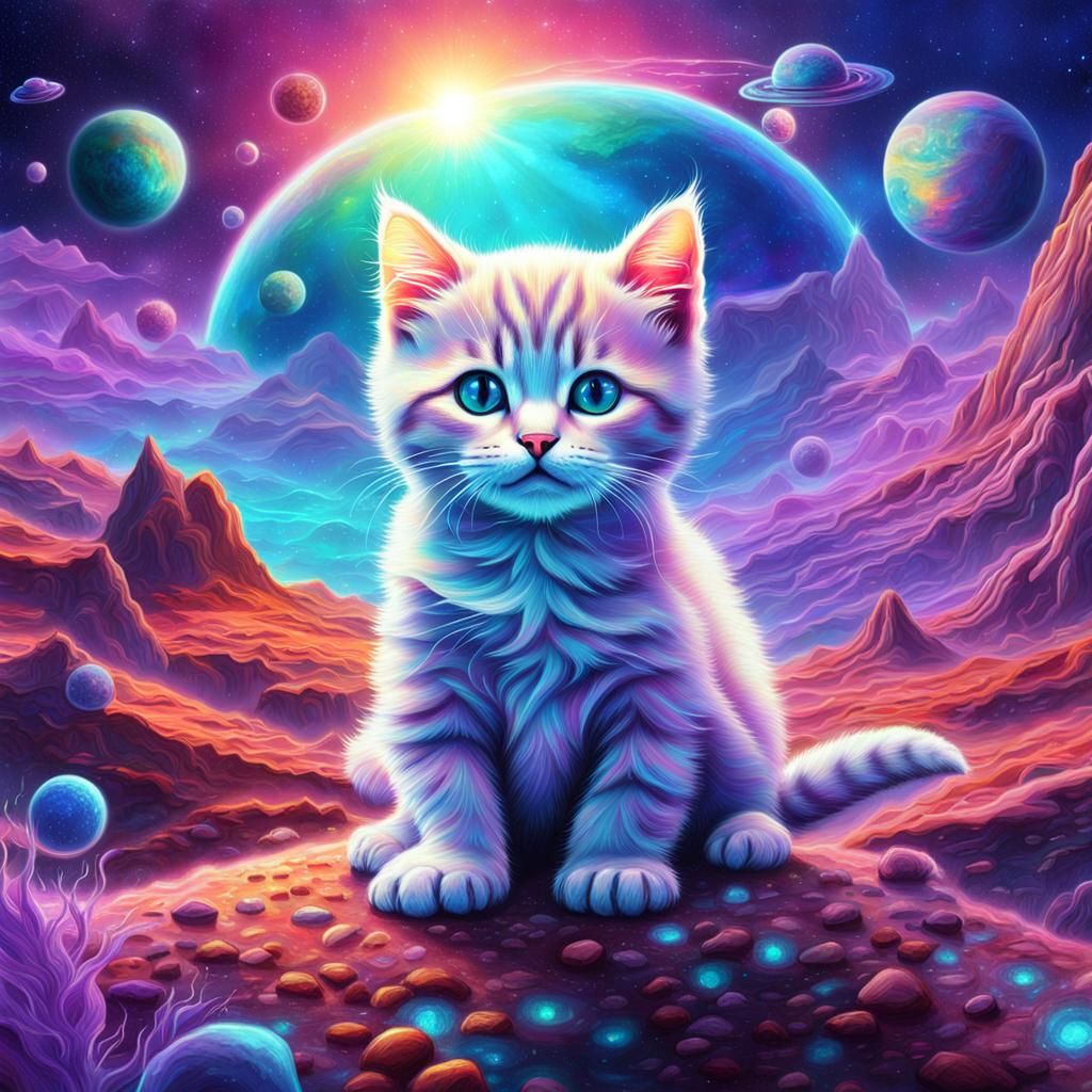 Iridescent Kitten's Cosmic Adventure: A Surreal Illustration