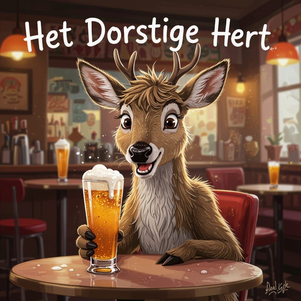 Humorous Cartoon of a Thirsty Deer at a Bar