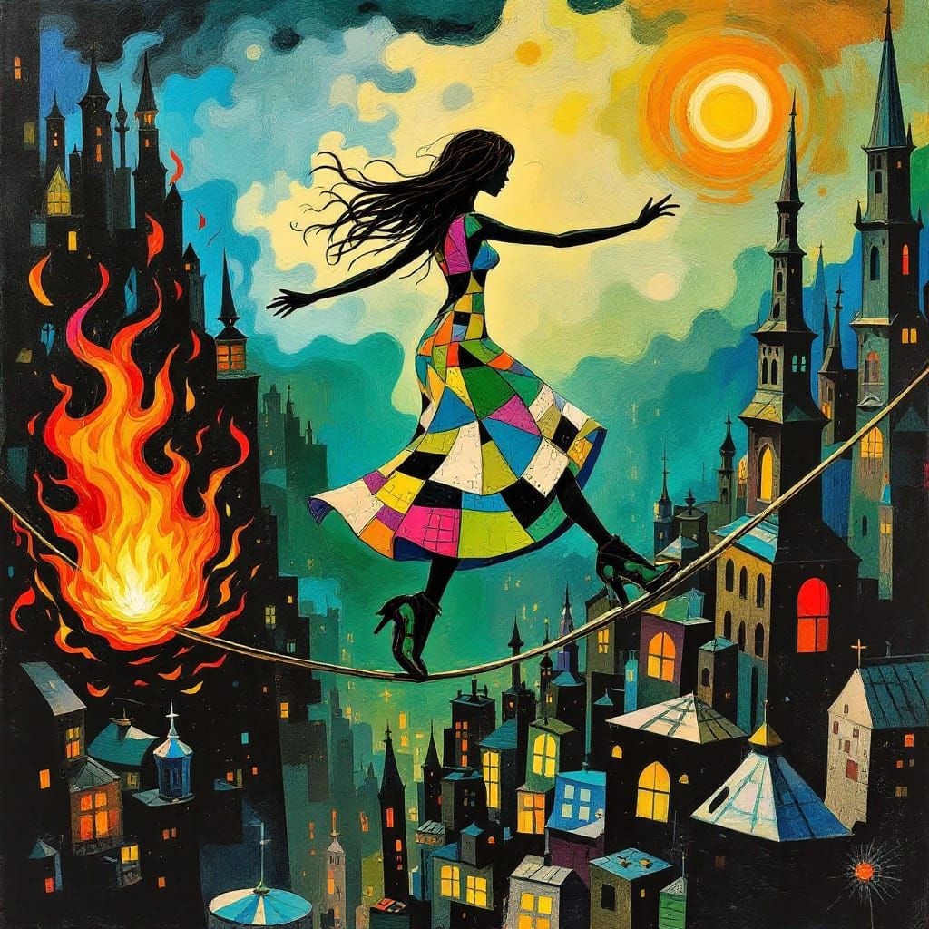 Woman on Tightrope in Cubist Cityscape