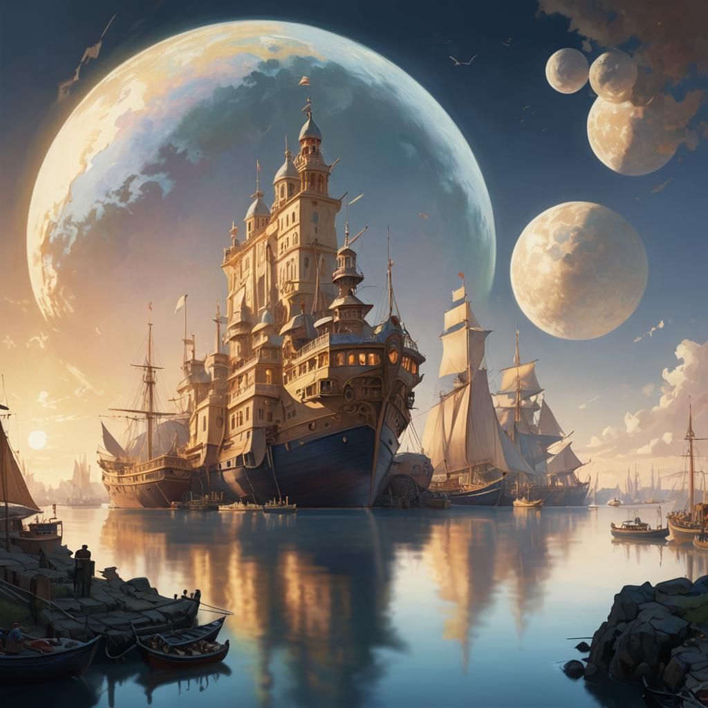 Fantasy Harbor Sunset: Baroque Fauvism Aerial View