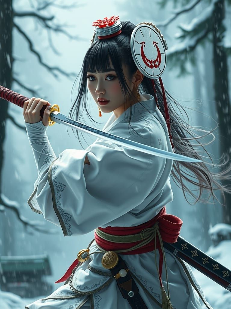 Intimidating Japanese Warrior Woman with Katana in Winter