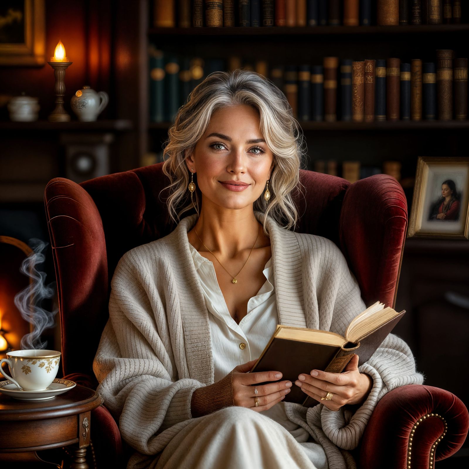 Contented Woman Enjoys Cozy Fireside Reading