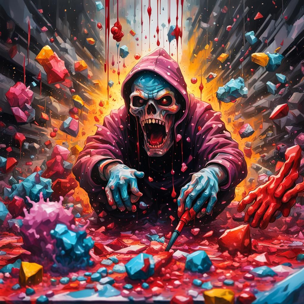 Unleashed Rage Shattering Crystal Figurines in Graffiti Art