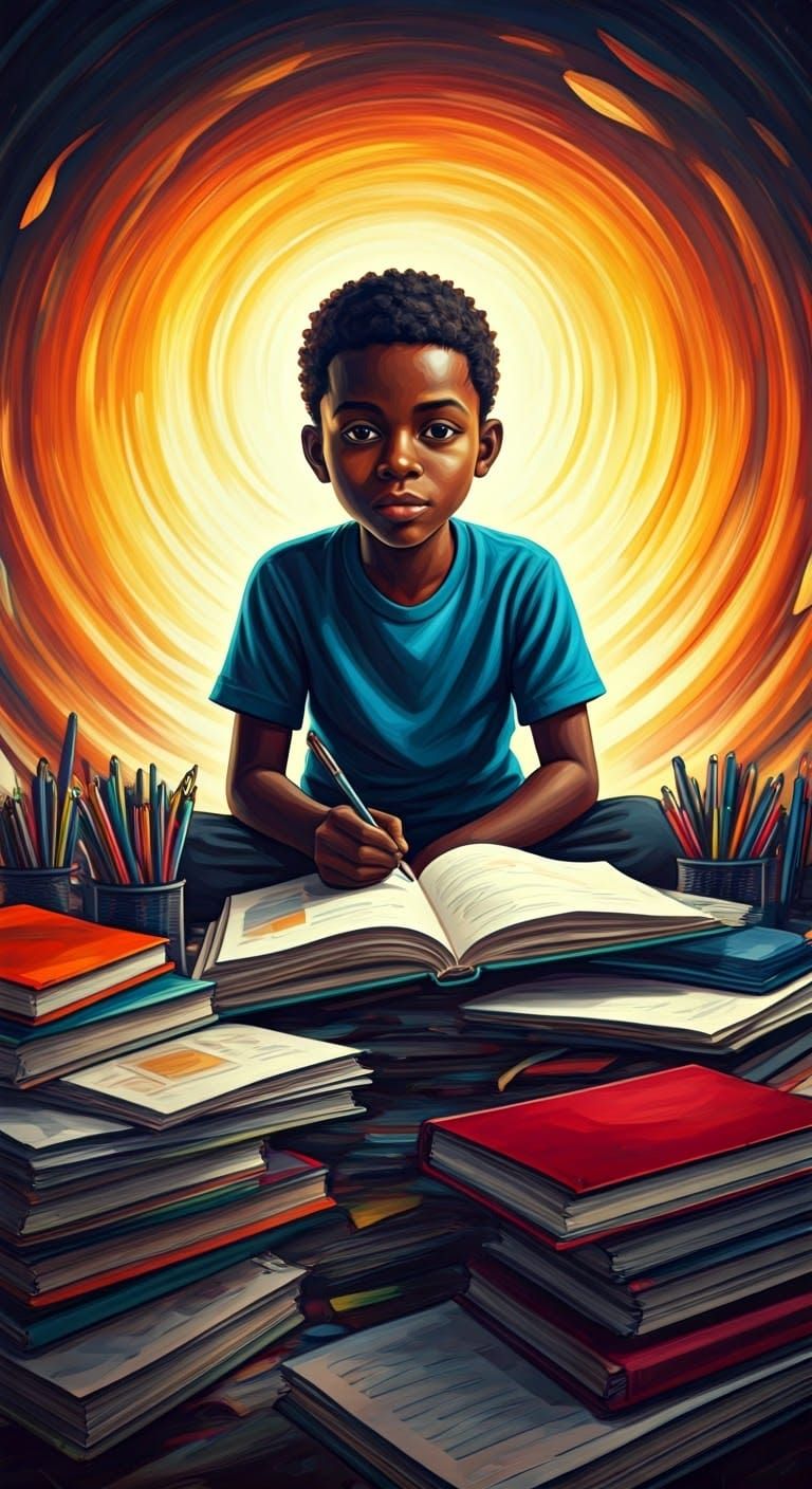 Energetic Student Surrounded by Books, Neo-Impressionist Sty...