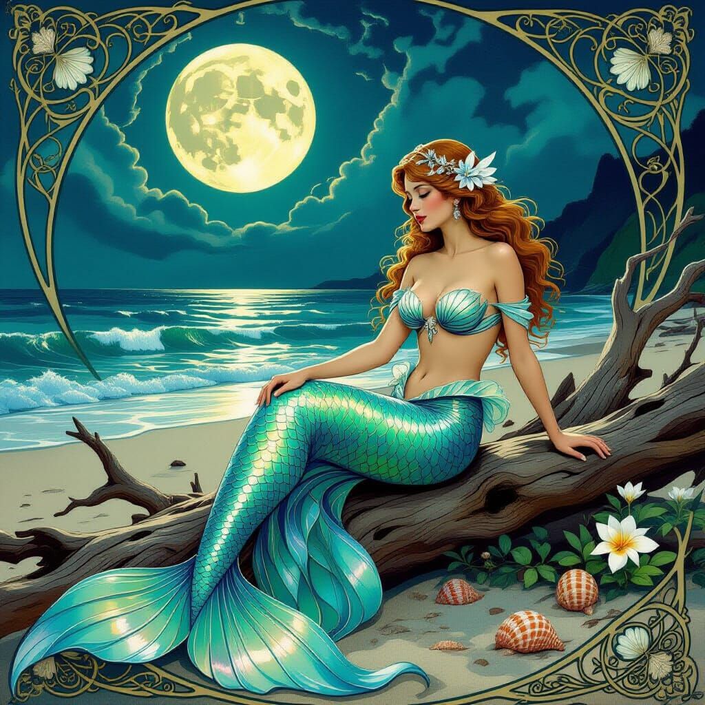 Art Nouveau Mermaid Lounging on Moonlit Beach