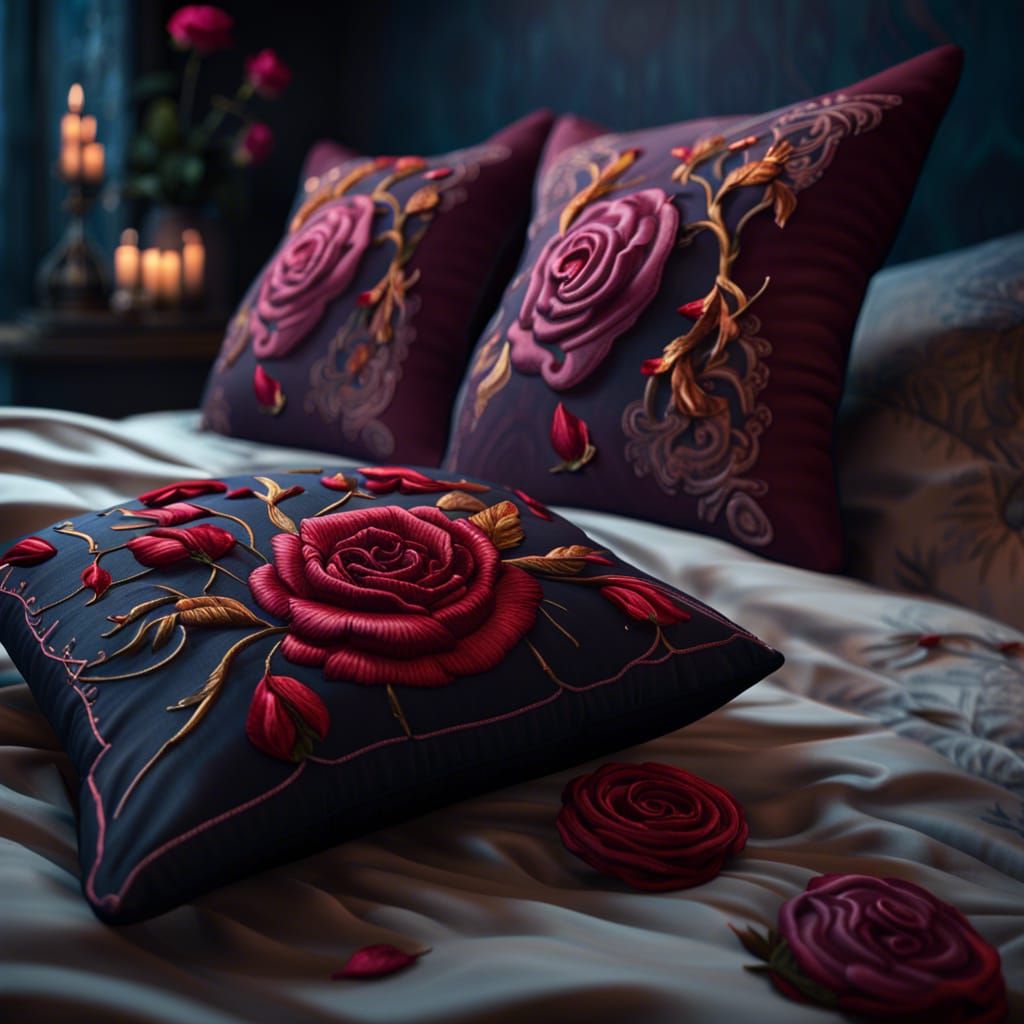 Rose Embroidered Pillows: Detailed Matte Painting
