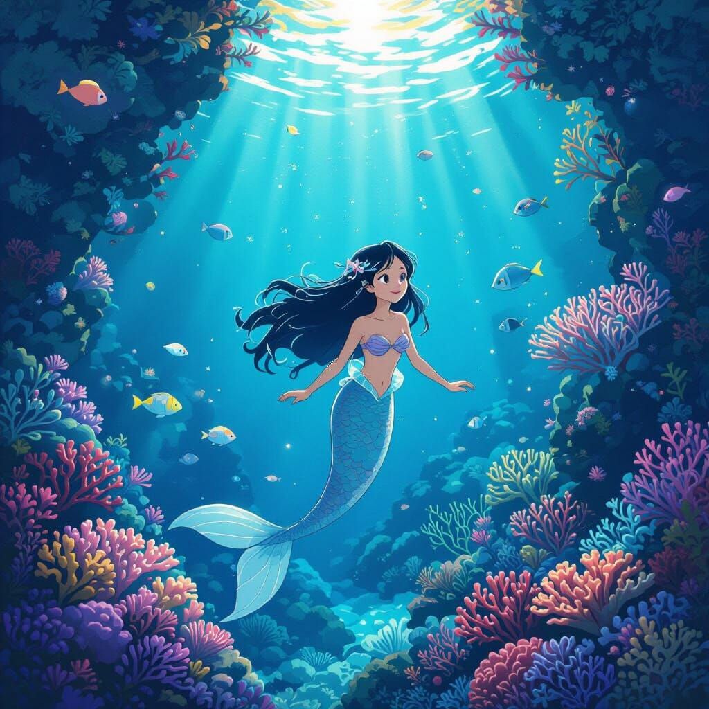 Underwater Mermaid in Bioluminescent Ghibli Garden