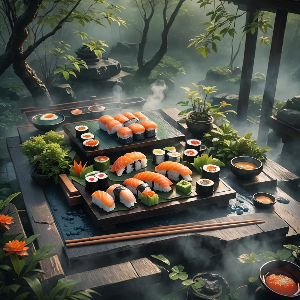 Steaming Sushi in Zen Garden: Fantasy Concept Art