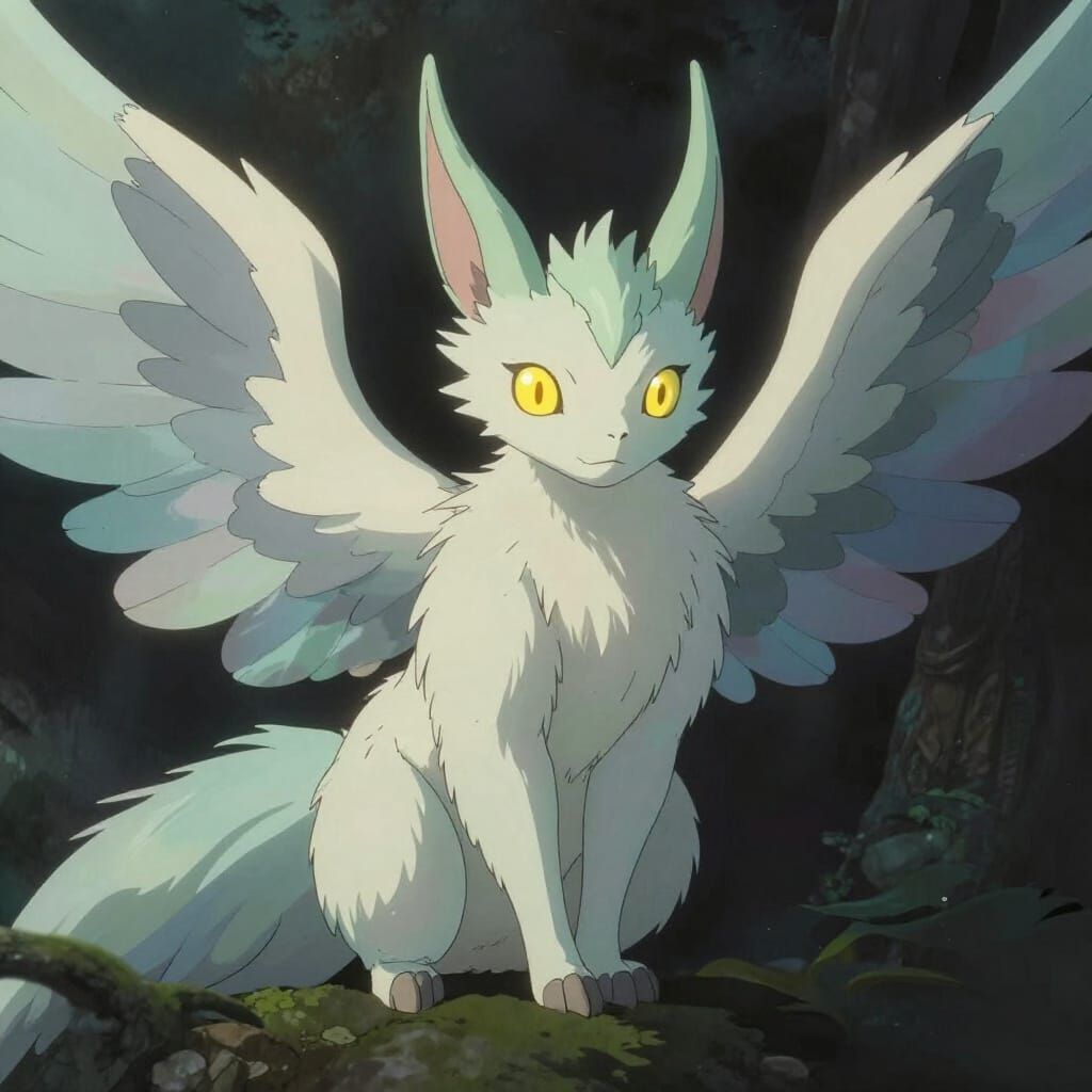 Mystical Creature with Ethereal Wings in Anime Style