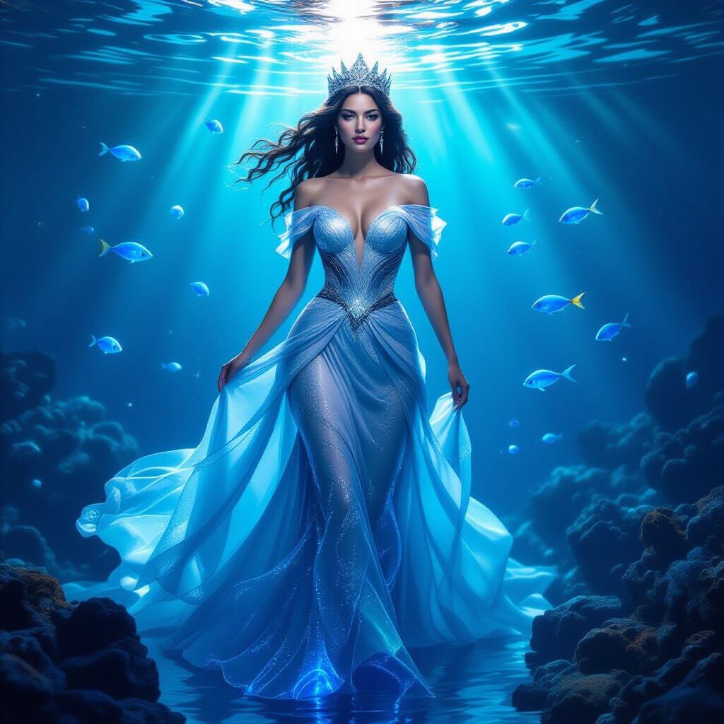 Regal Queen Emerges from Glowing Sapphire Waters