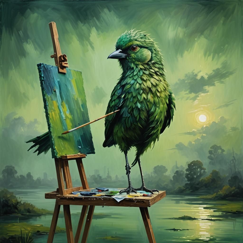 Green Bird Paints Impressionist Landscape at Dawn