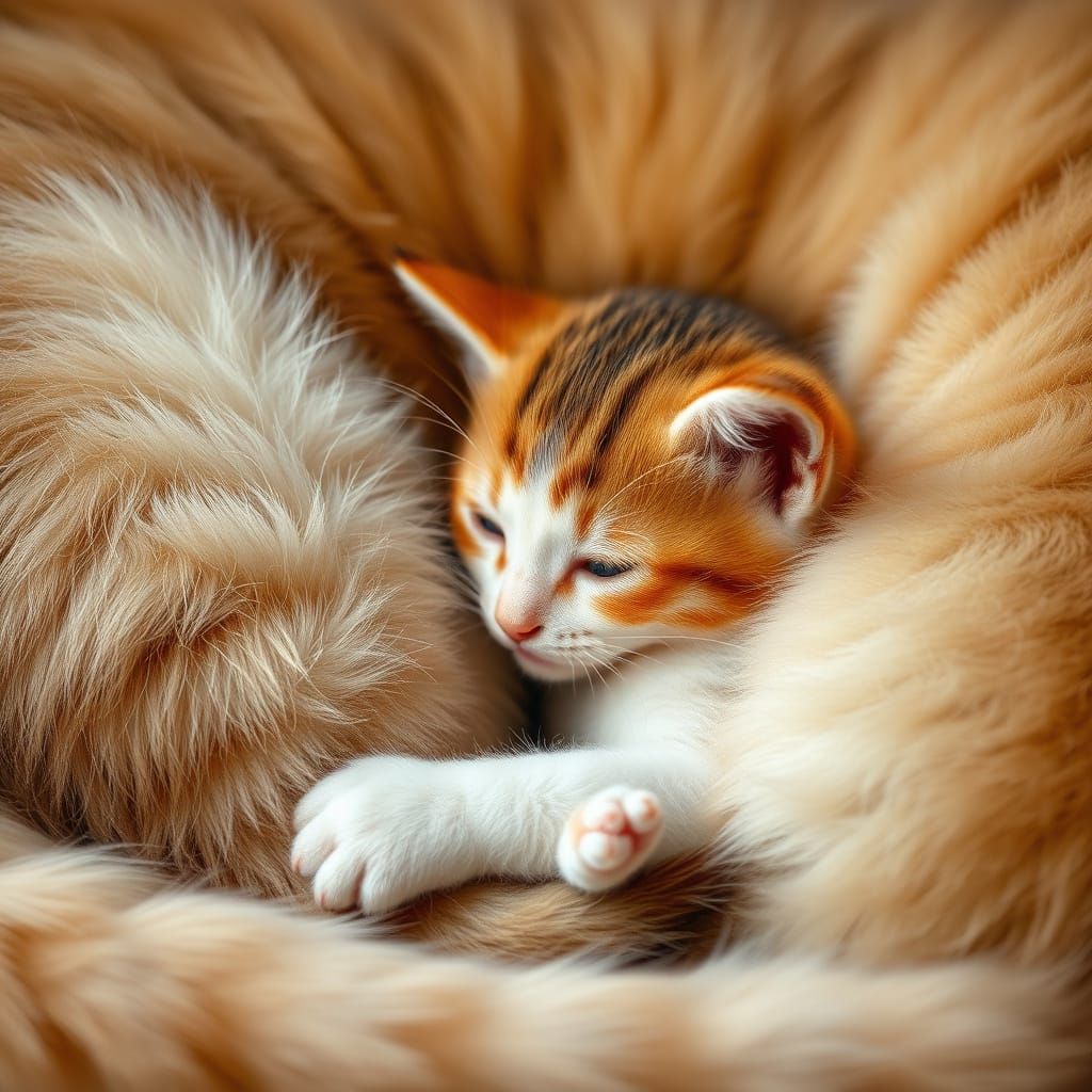 Cute Kitten Cuddles with Mother Cat in Detailed Setting