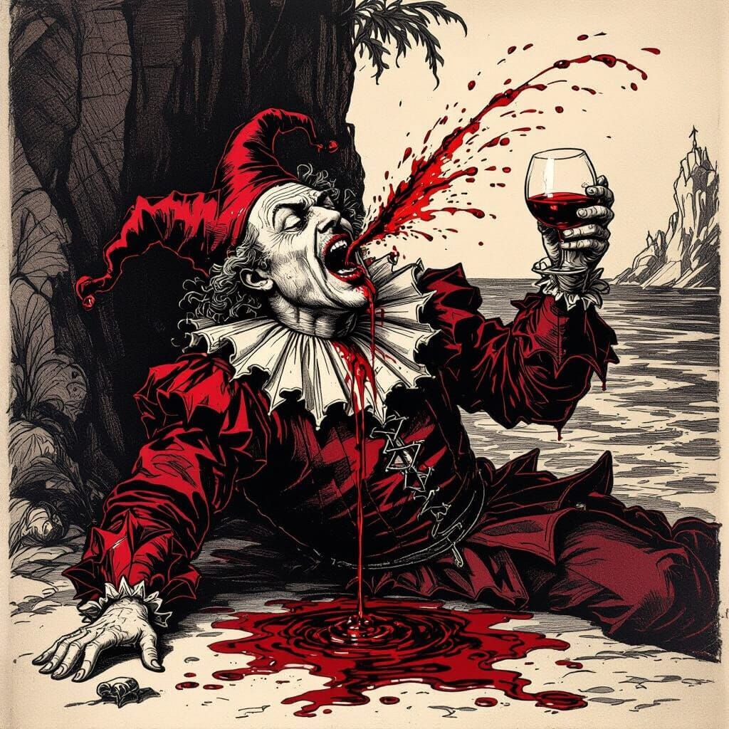 Elizabethan era illustration, monochromatic crimson. Trinculo, a jester on Prospero's island, throws up crimson after dr...