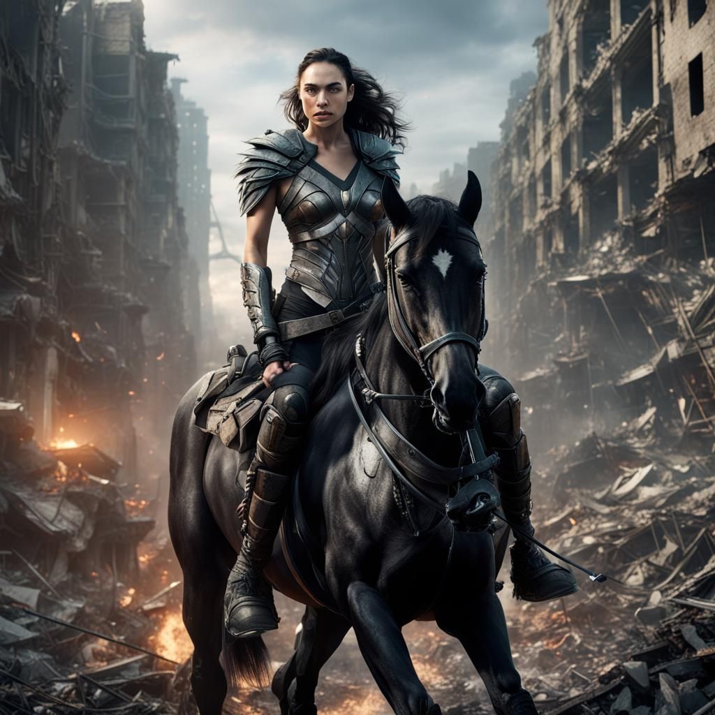 Futuristic Warrior on Horseback in Ruined City